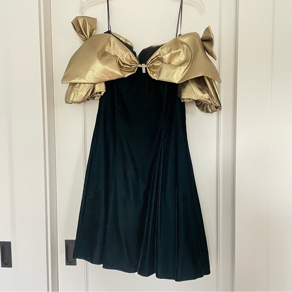 Vintage 1980’s strapless‎ Dark Green Gold Blow Embellished Cocktail Prom Dress - Picture 1 of 5